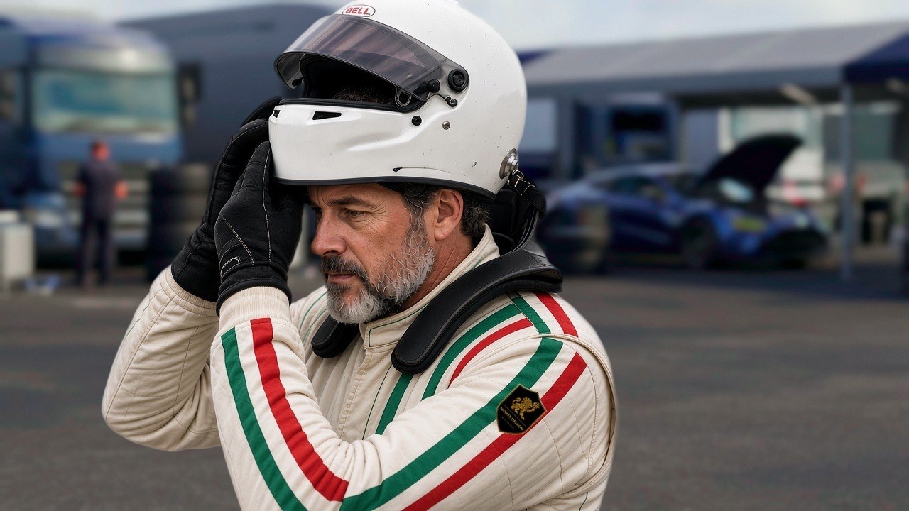 Eric Sanchez in his race suit, putting on his helmet in a busy paddock.
