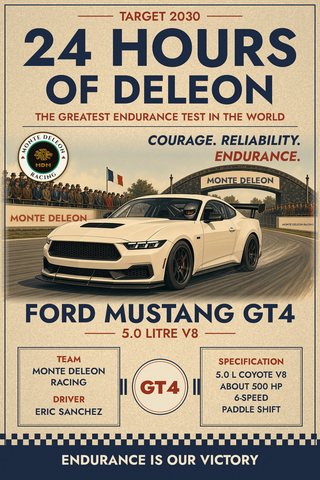 24 Hours of DeLeon poster with the Monte DeLeon Racing Ford Mustang GT4