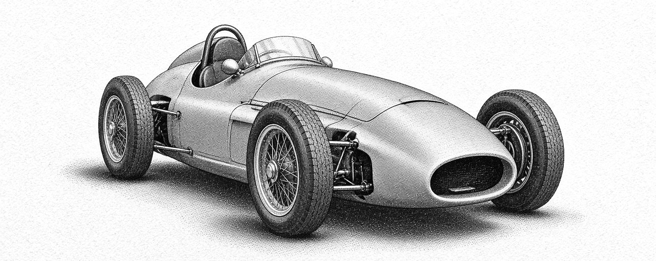 Ink-wash newspaper illustration of the CORSARIO seen from the right front three-quarter: a long, smooth front-engined single-seater with an oval grille, wire wheels, a small windscreen and a roll hoop behind the cockpit.