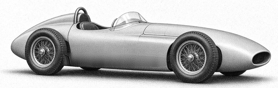 Ink-wash illustration of the CORSARIO in right side profile, nose to the right, showing the roll hoop and wire wheels.