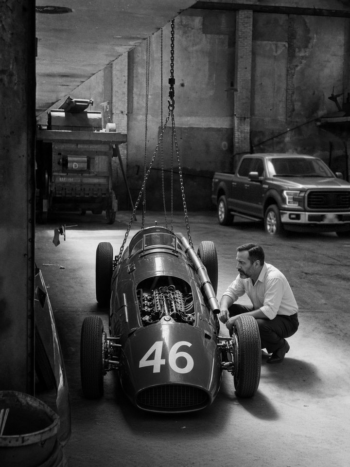 Artist&rsquo;s impression in the style of a 1950s workshop photograph: the CORSARIO, number 46 on its nose and engine exposed, hanging from a chain hoist while the pilot, El Conde de Manantiales de Le&oacute;n, in a work shirt, crouches beside the front wheel; a pickup truck is parked behind.