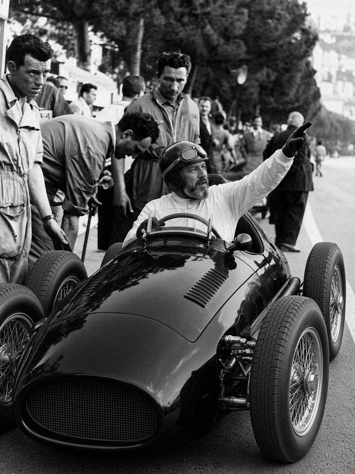 Artist&rsquo;s impression in the style of a 1950s press photograph: the pilot, El Conde de Manantiales de Le&oacute;n, seated in the CORSARIO at a pit stop with goggles raised on his open-face helmet, keeps his eyes on the pit crew while his raised right arm, in a dark leather glove, points far off down the pit road; his other hand stays on the wheel.