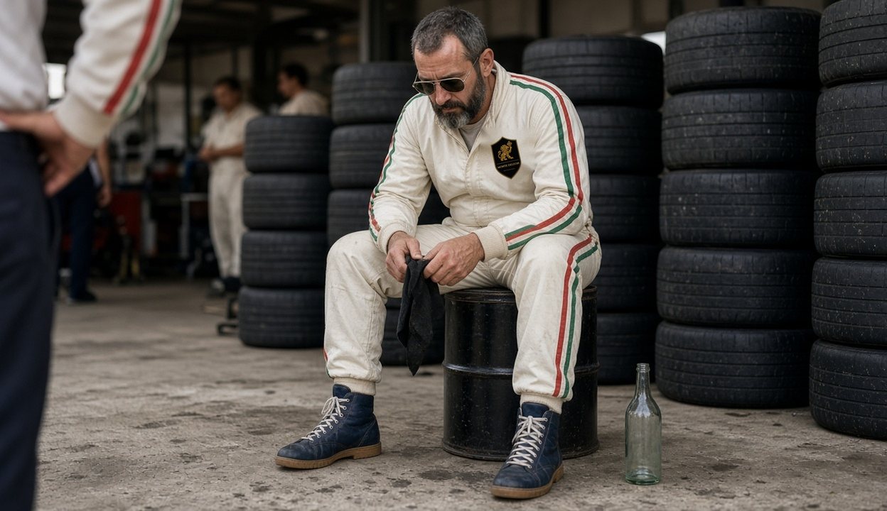 Eric Sanchez in a cream race suit with green, white and red stripes and a badge on the chest, wearing aviator sunglasses, sits on a black oil drum between stacks of tyres in a pit garage, holding a dark rag in both hands, in navy lace up boots. A glass bottle stands on the concrete floor at his feet, and crew members stand in the background.